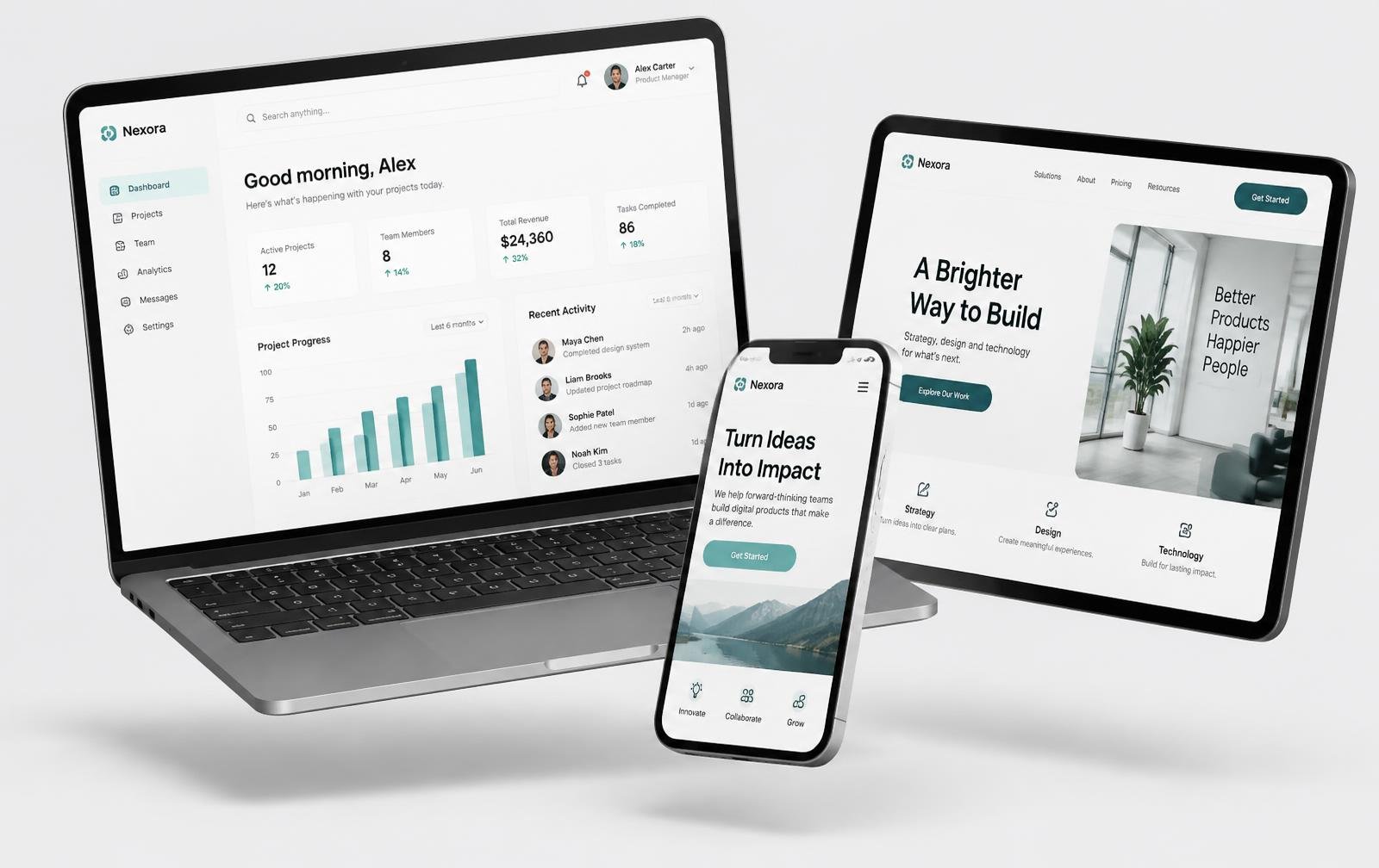 Websites and business systems created by EvaaSites displayed across laptop, tablet and phone